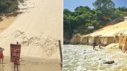 Morro do Careca atualmente, após a engorda, e antes da obra, quando a maré causava erosão na base da duna - Reprodução