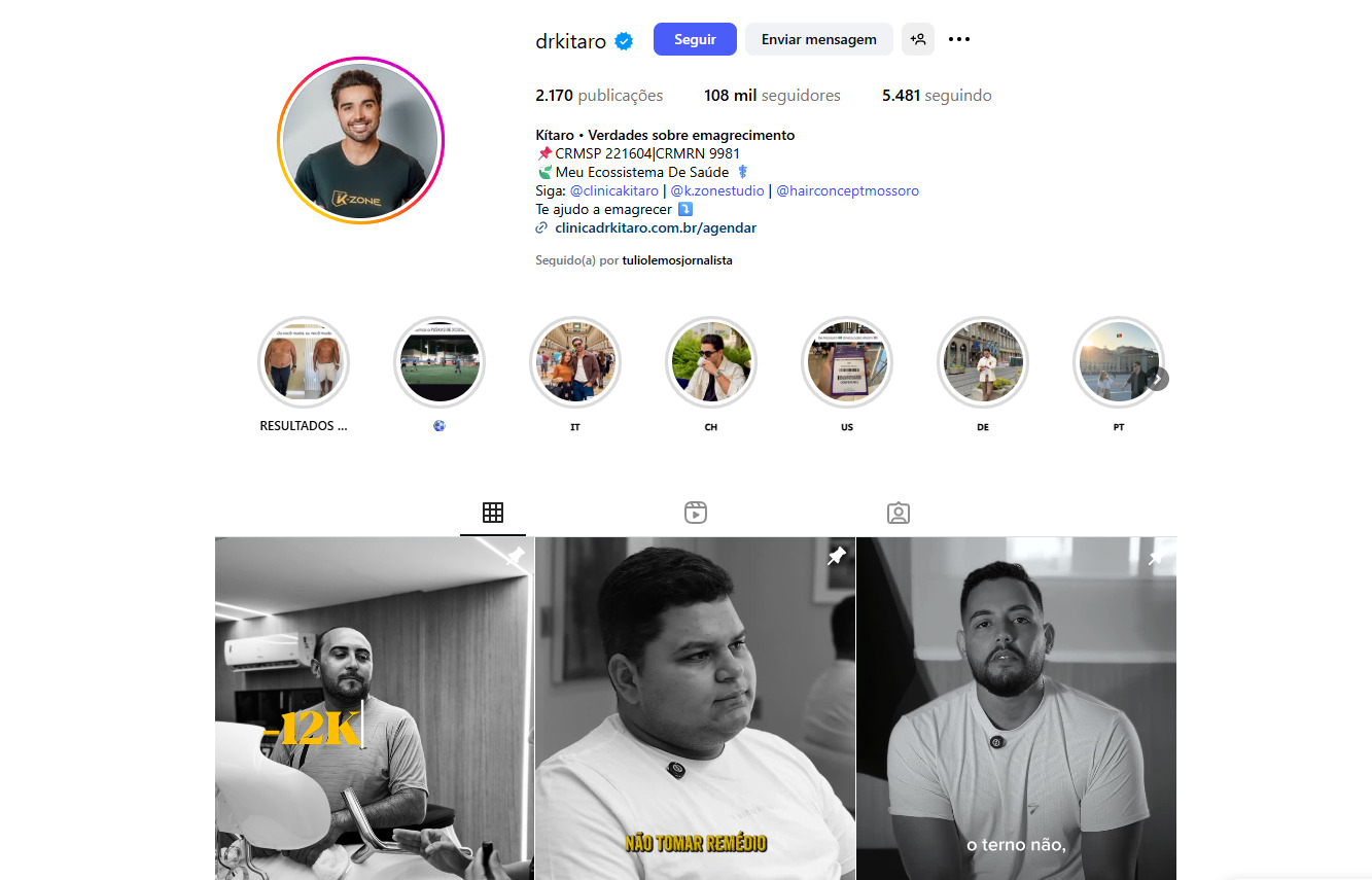 Perfil do médico no instagram com mais de 100 mil seguidores.