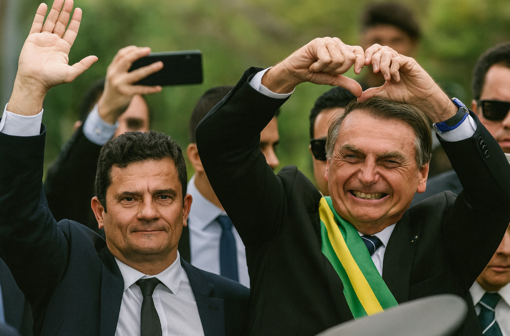 Na ocasião, Moro anunciou sua saída do governo alegando que a demissão do ex-diretor-geral da PF, Mauricio Valeixo, teria ocorrido por motivos políticos e sem seu consentimento. Imagem gerada por IA.