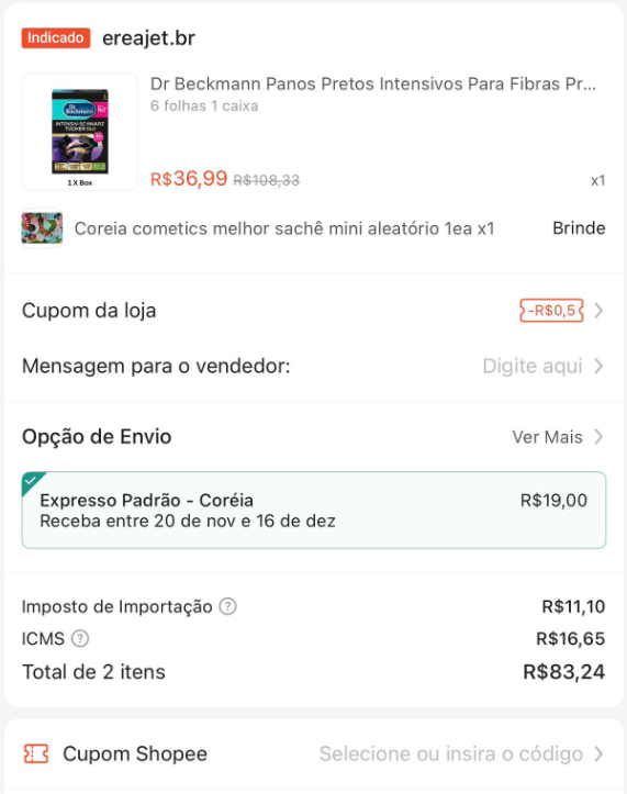 Simulação de uma compra. Foto/Print