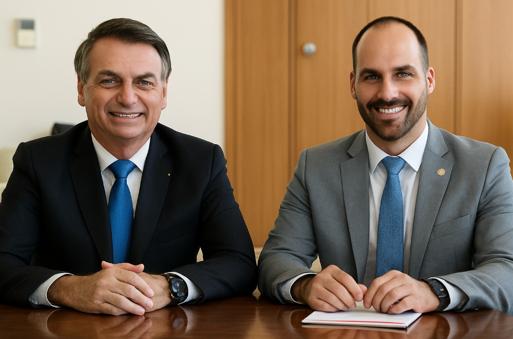 A PGR atribui a Eduardo Bolsonaro a participação em uma articulação internacional voltada a pressionar o STF durante o julgamento de Jair Bolsonaro. Imagem gerada por IA.