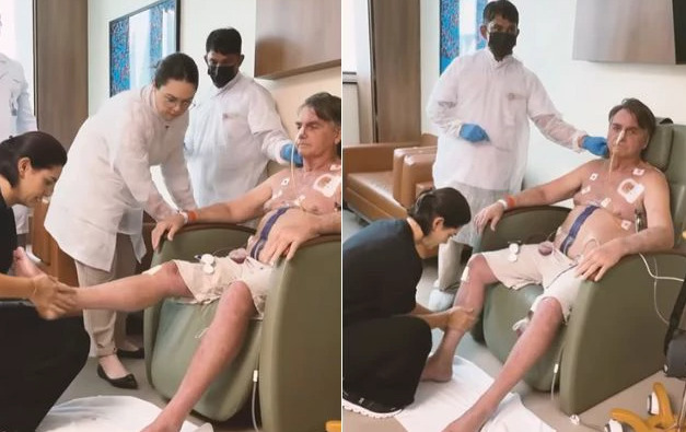 O ex-presidente Jair Bolsonaro em uma de suas inúmeras passagens por hospitais para tratamento de saúde. Imagem: divulgação redes sociais.