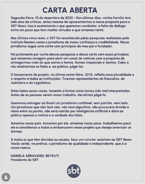 A carta aberta, assinada pela presidente da emissora, Daniela Beyruti, lamenta os ataques à família e afirma que a proposta do SBT News é ser um veículo de comunicação isento. Imagem: reprodução instagram.