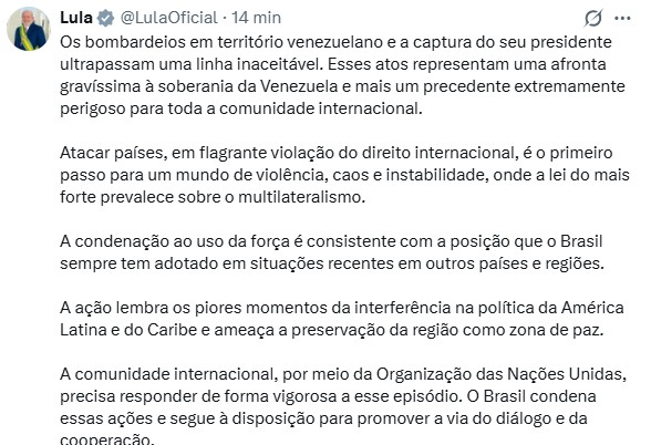 Lula escreve sobre invasão na Venezuela.