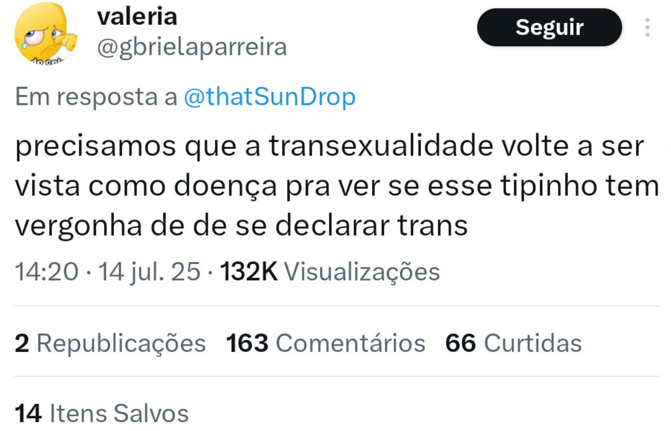 Print do comentário feito pela internauta. Reprodução/X