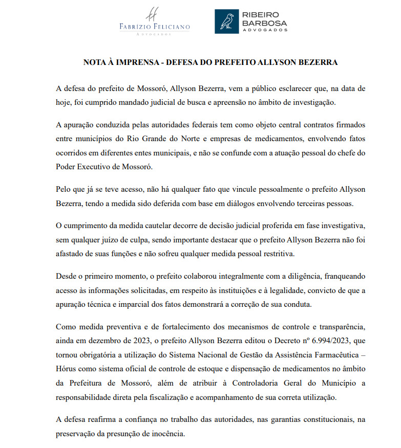 Imagem do documento oficial enviado pelos advogados de defesa do prefeito de Mossoró, Allyson Bezerra.