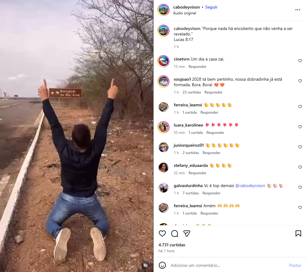 O vereador Cabo Deyvison (MDB) publicou em seu perfil no Instagram — onde possui mais de 97 mil seguidores — um vídeo em que comemora de forma exaltada a ação da Polícia Federal.