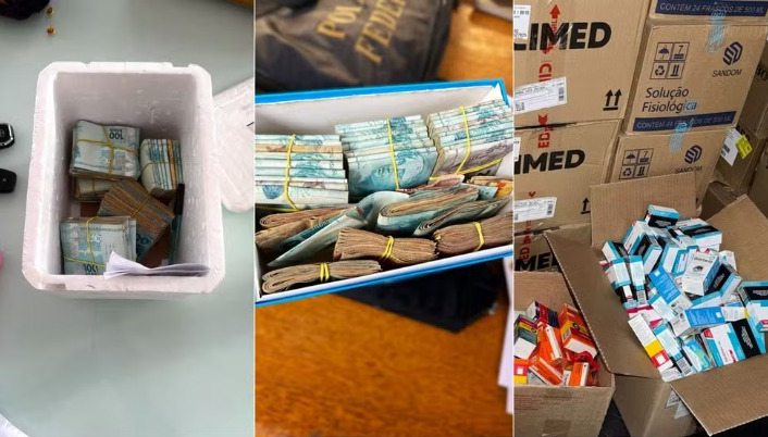 A Polícia Federal apreendeu uma grande quantidade de dinheiro em espécie durante a Operação Mederi. Os valores estavam armazenados dentro de caixas de isopor e cooler, encontradas na residência de um dos sócios de uma empresa investigada.
