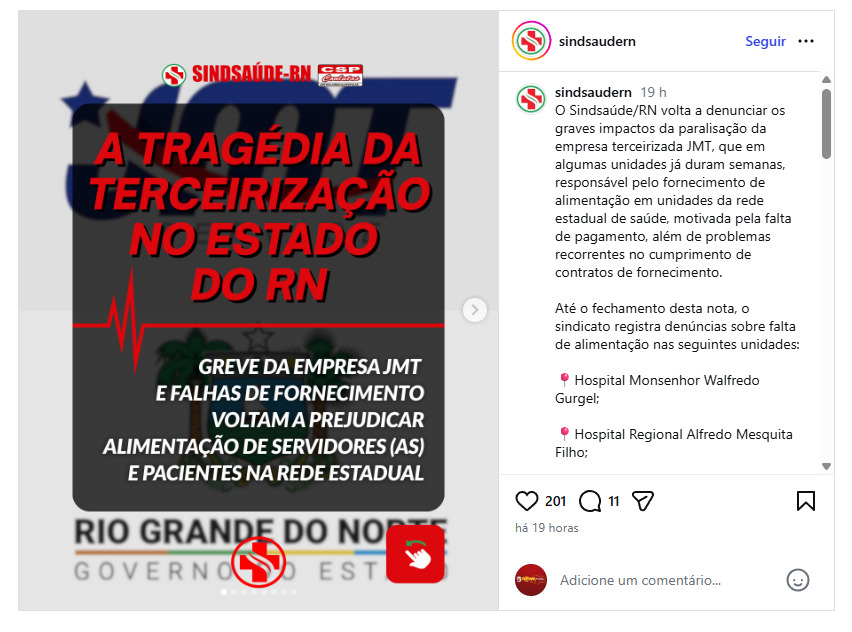 Imagem da postagem nas redes sociais feita pelo Sindsaúde/RN denunciando a falta de refeições em seis hospitais do estado.