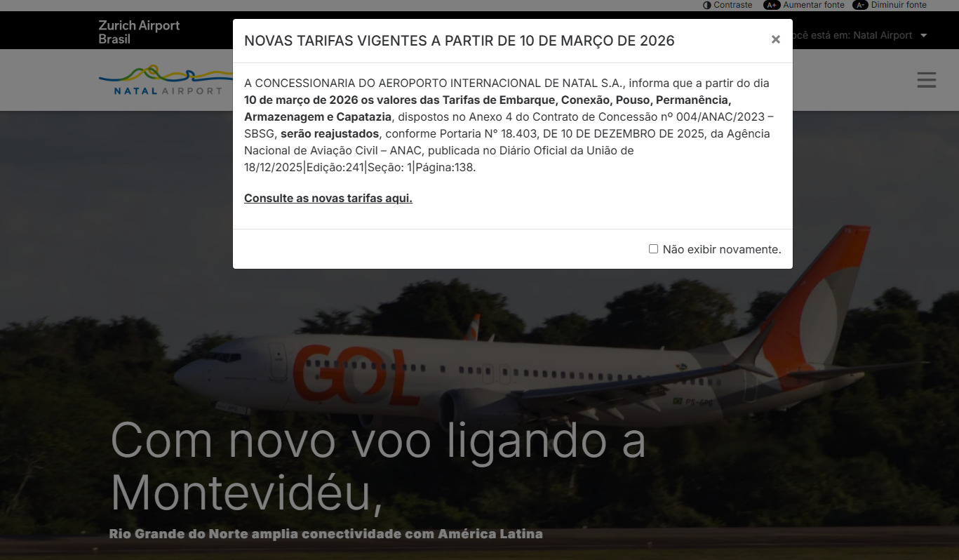 De acordo com comunicado da concessionária que administra o aeroporto, publicado no site oficial, haverá reajuste nas tarifas de embarque, conexão, pouso, permanência de aeronaves, armazenagem e capatazia.