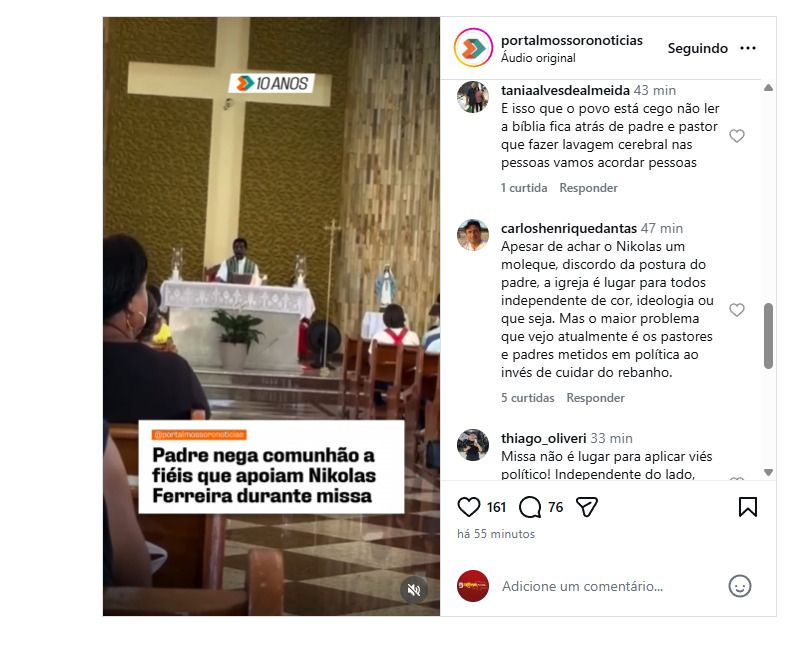 Nos comentários das publicações com o vídeo do padre, é possível ver internautas condenando a postura do religioso, pontuando que religião não deveria se misturar com política.