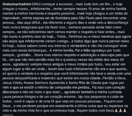 Carta foi publicada em rede social de Thales. Foto: Reprodução/Internet