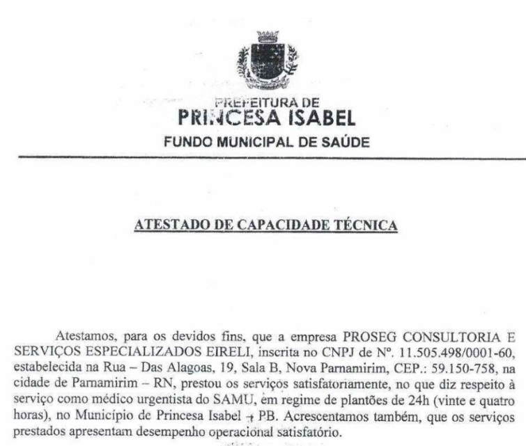 Proseg apresentou um atestado emitido pela Prefeitura de Princesa Isabel (PB). Foto: Reprodução