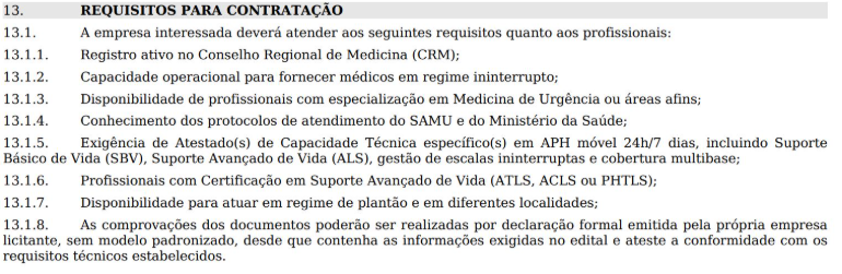 Trecho do Edital de Licitação. Foto: Reprodução