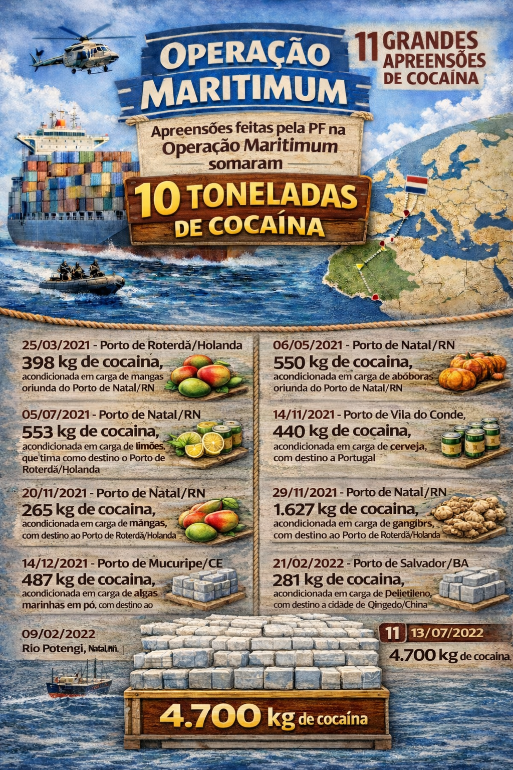 PF realizou 11 grandes apreensões durante as investigações da Operação Maritimum