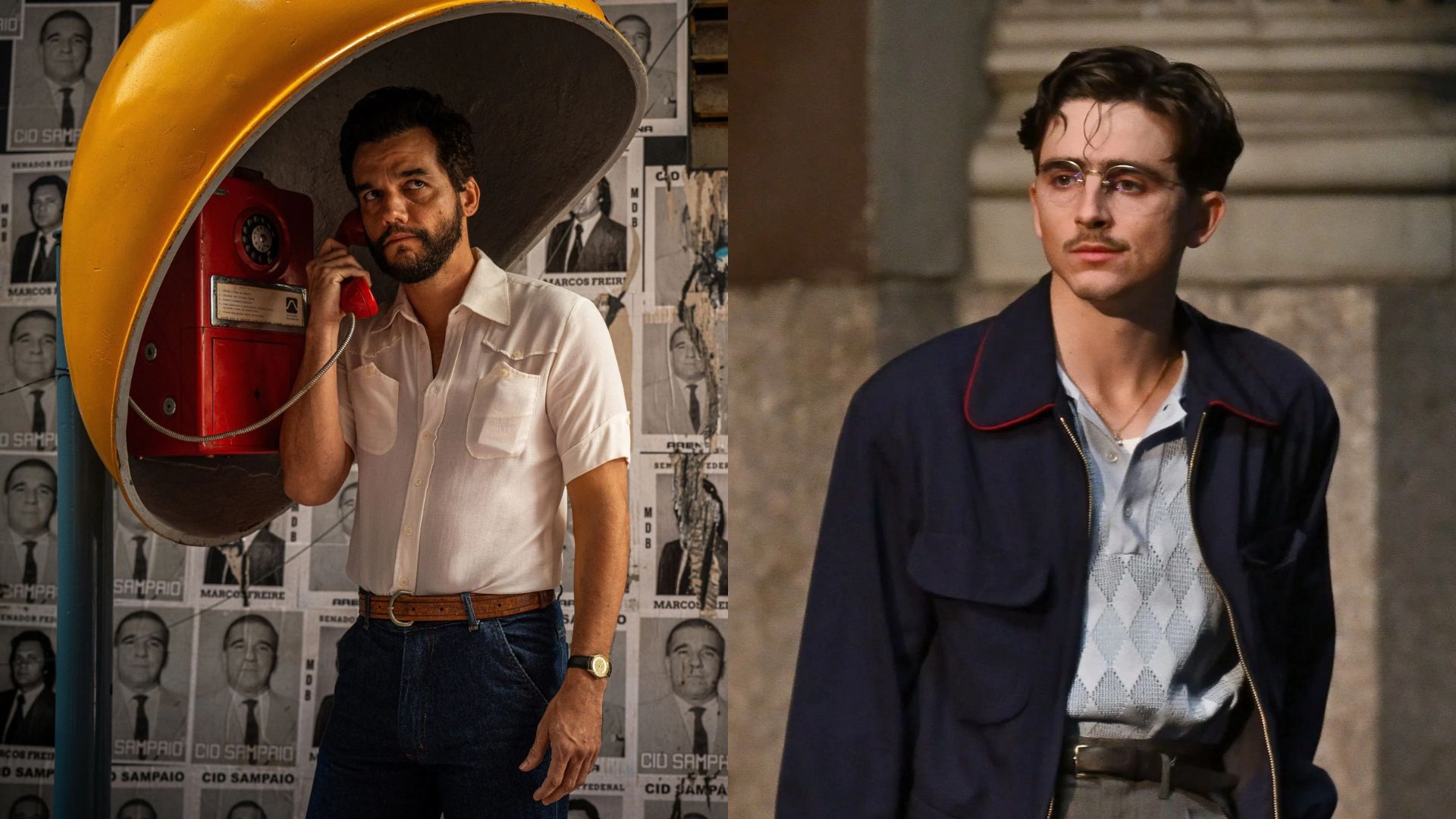 Wagner Moura em "O Agente Secreto" e Timothée Chalamet em "Marty Supreme". Foto: divulgação