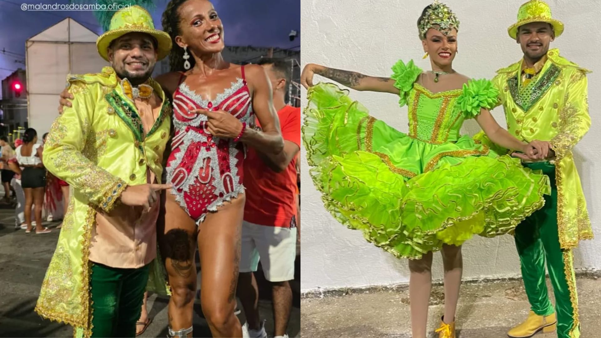 Registros mostram integrantes da Malandros do Samba utilizando figurino com identificação visual da quadrilha junina Dona Encantada. Foto: Reprodução/Redes Sociais
