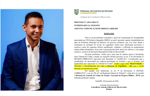 A representação foi apresentada ao TCE-RN pela empresa TM Soluções Integradas EIRELI. O documento questiona o Pregão Eletrônico nº 07/2025, aberto pela Secretaria Municipal de Saúde de Mossoró.