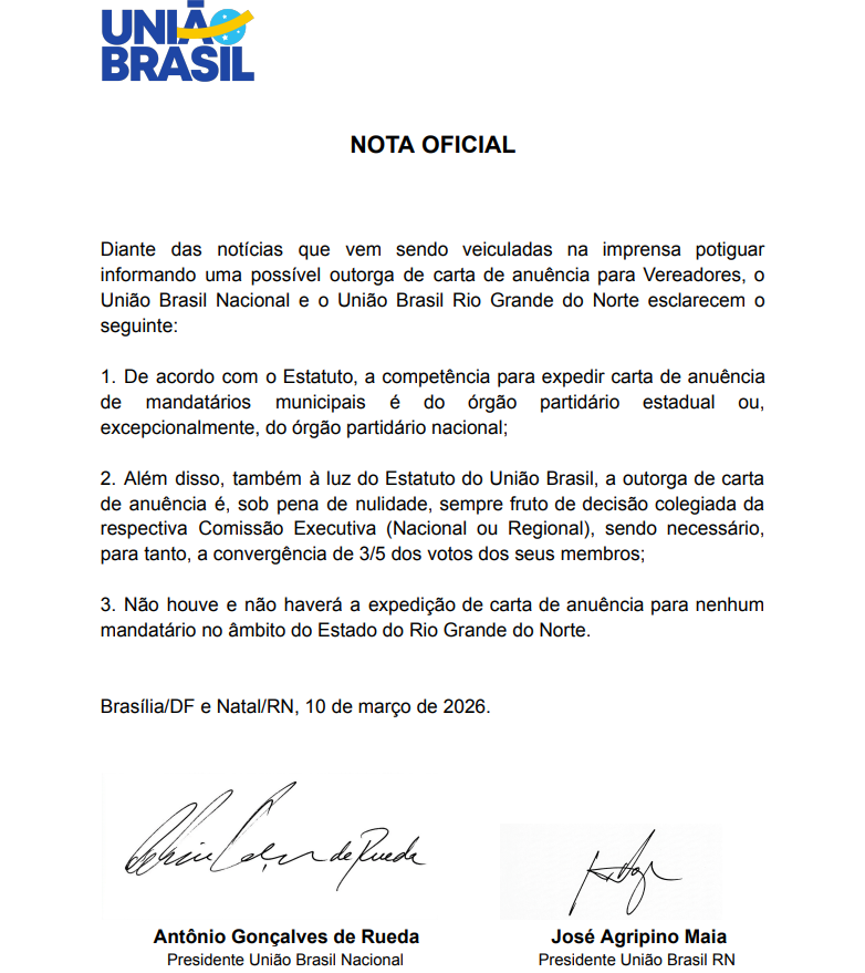 Nota do União Brasil. Reprodução/Comunicado União Brasil