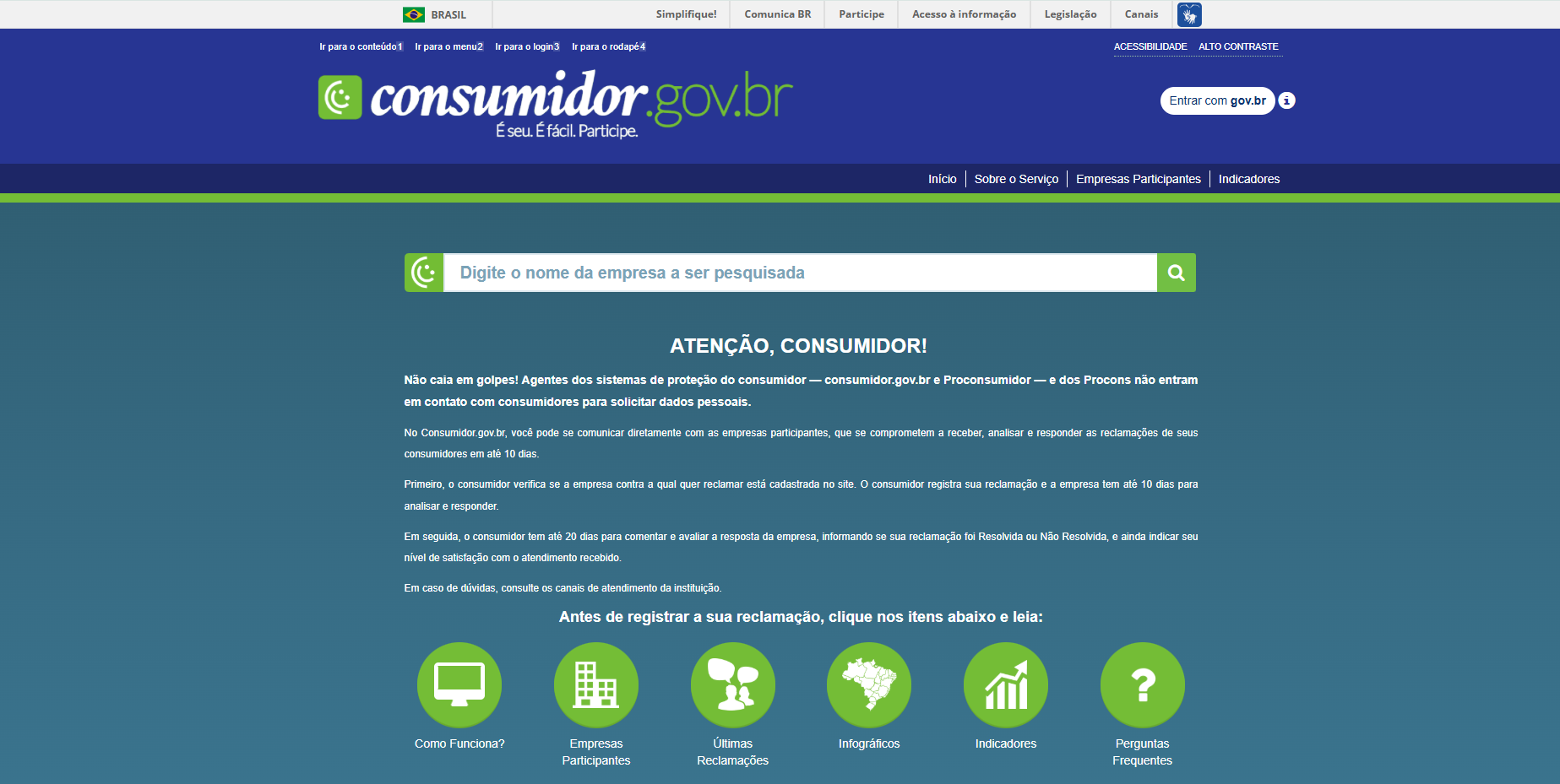 O Consumidor.gov.br é uma plataforma oficial do Governo que permite o diálogo direto com as empresas. É rápido, gratuito e tem um alto índice de solução sem precisar de processo judicial. Foto: Site oficial