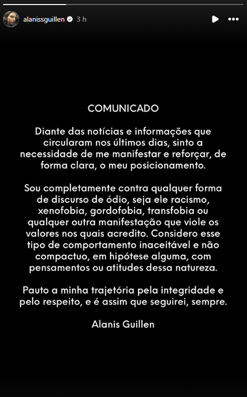 Declaração publicada pela atriz por meio do Instagram. Foto: Reprodução/Redes sociais 