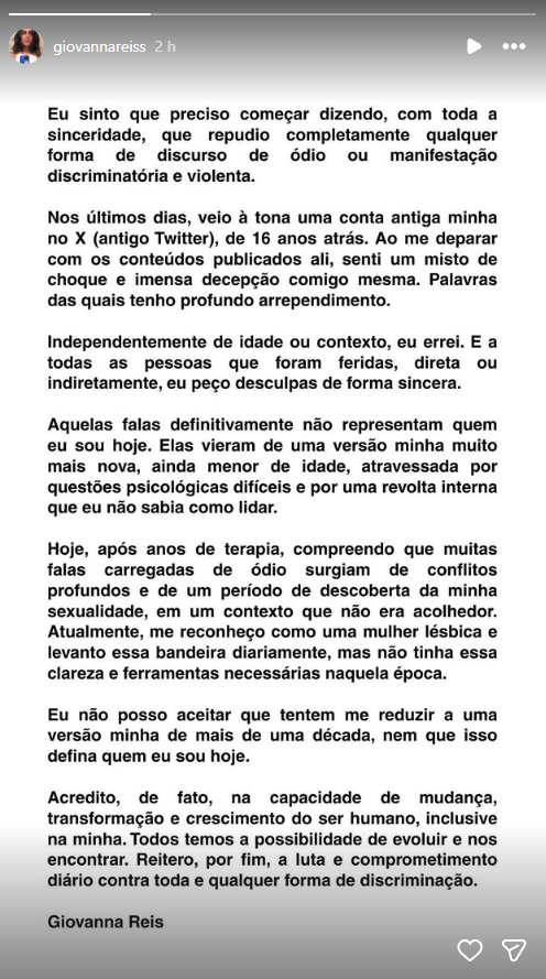 Nota publicada no Instagram. Foto: Reprodução/Redes sociais