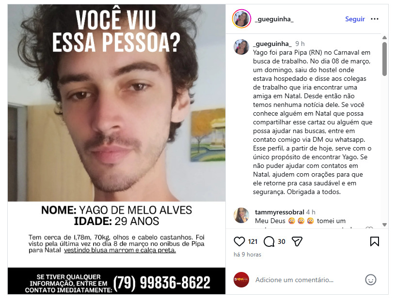 A família, que reside em Aracaju, está mobilizada e pede ajuda da população para localizar o jovem.