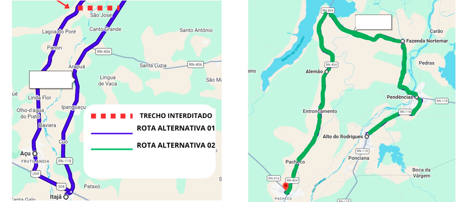 Mapa das rotas alternativas. Foto: Divulgação/DER-RN