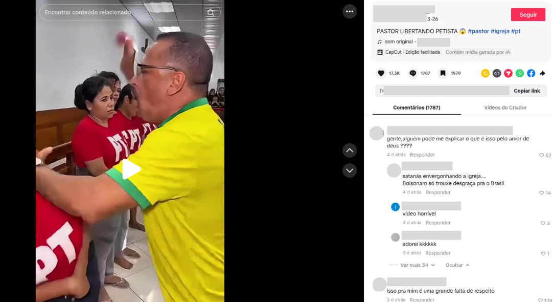 Vídeo gerado por IA mostra pastor agredindo mulheres vestidas com a camiseta do PT. Foto: Reprodução/Agência Lupa