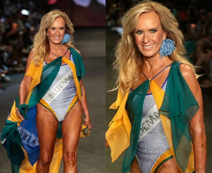 Helô também protagonizou outro destaque da noite ao abrir e encerrar o desfile com um maiô acompanhado de uma capa com a bandeira do Brasil.