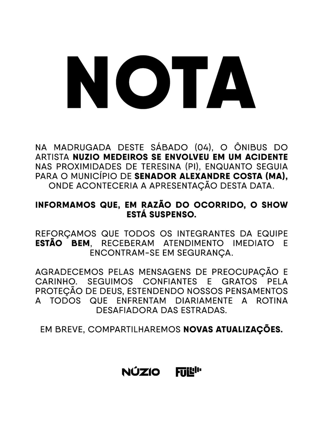 Nota oficial do cantor nas redes sociais.