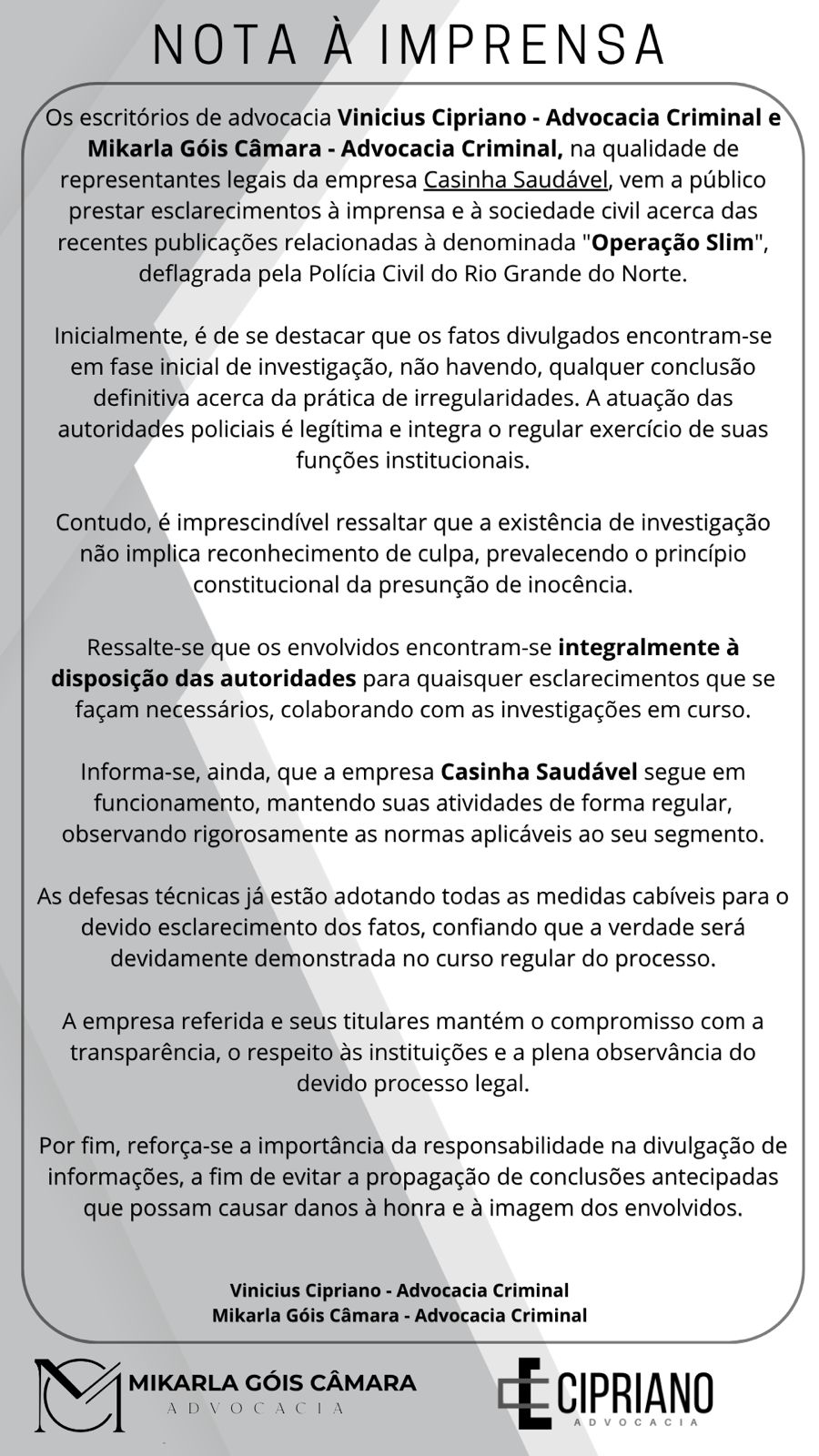 Nota da defesa publicada nas redes sociais. Foto: divulgação