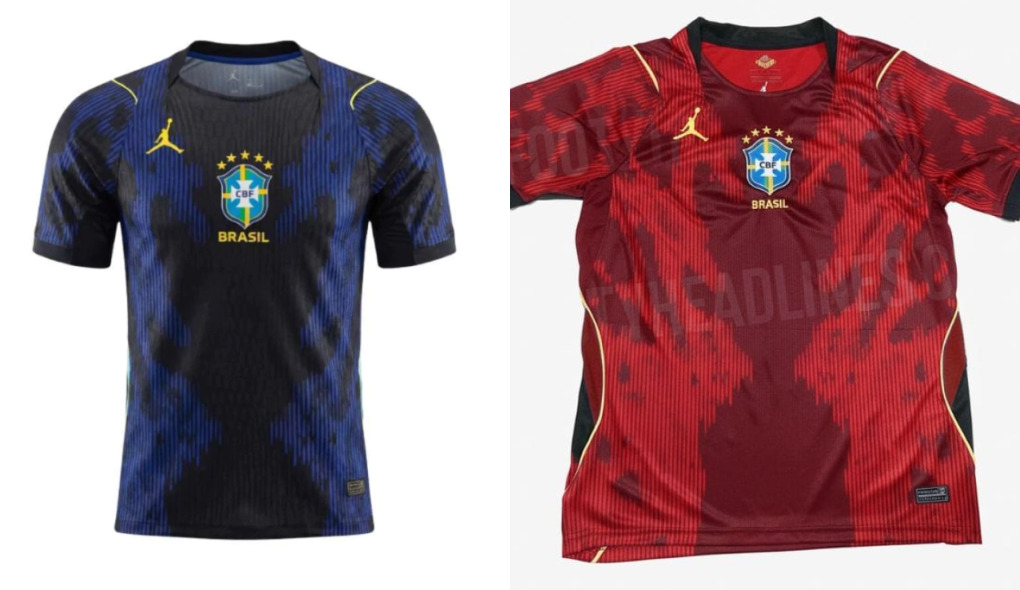 O modelo azul anunciado oficialmente pela Nike. Já o modelo vermelho, que foi vazado meses antes do anúncio oficial, não chegou a ser lançado. Foto: Reprodução/KS Sportes e NSC Total 