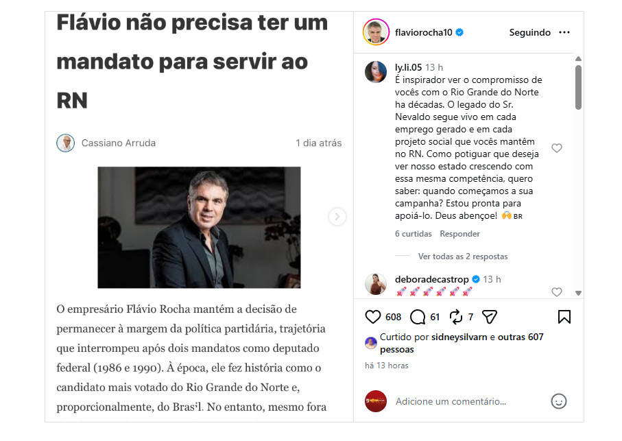 A movimentação de Flávio Rocha também gerou reações imediatas nas redes sociais, com manifestações de apoio e incentivo a uma eventual entrada na disputa eleitoral.