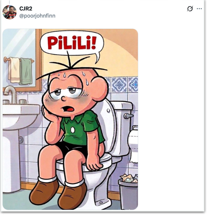 Entre as publicações que ganharam destaque, uma montagem com o personagem Cebolinha brinca com o termo “pilili” como gíria para desconforto intestinal.