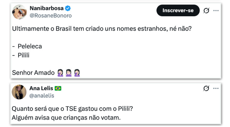 Em outro post, internautas ironizam a escolha do nome ao compará-lo com outras palavras curiosas que viralizaram recentemente.