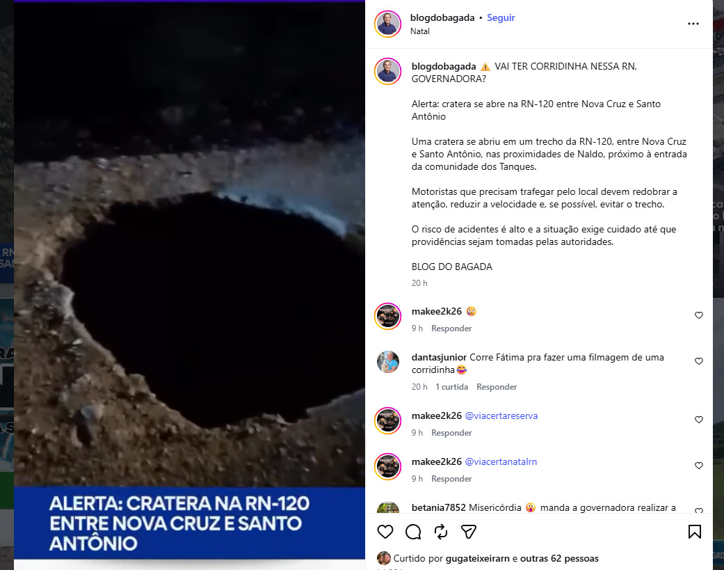 Nas redes sociais, usuários criticaram a falta de manutenção da rodovia e cobraram ações imediatas da governadora Fátima Bezerra.