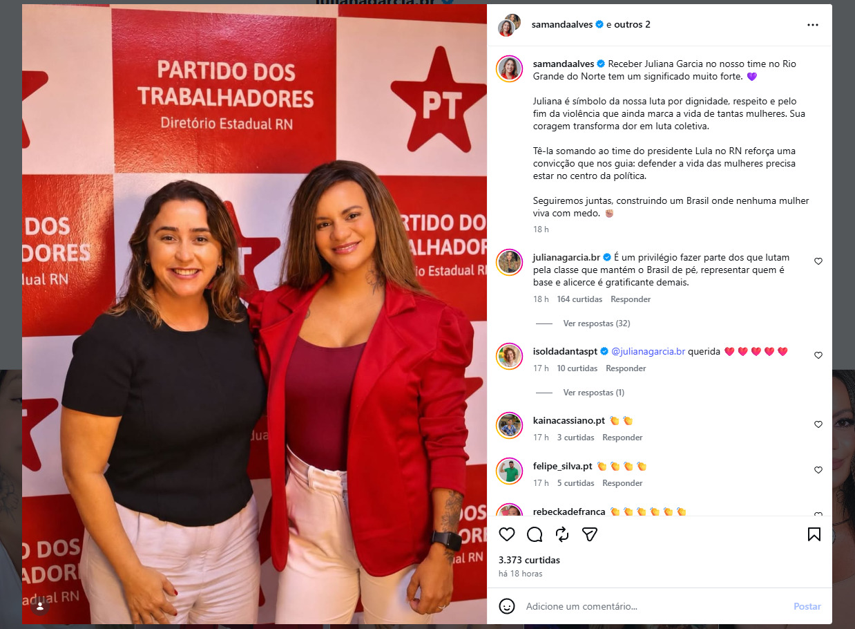 O anúncio foi feito nas redes sociais ao lado da presidente estadual da legenda, Samanda Alves.