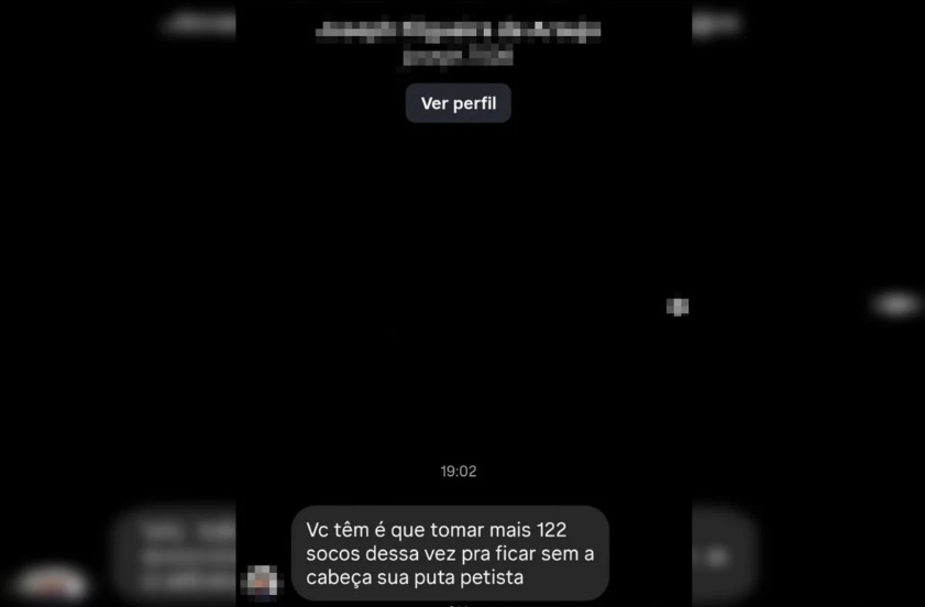 Na publicação, o autor escreveu: “Você tem é que tomar 122 socos dessa vez para ficar sem a cabeça, sua puta petista”.