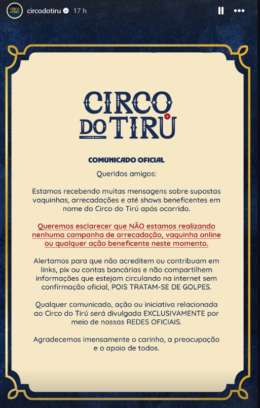 Nota oficial divulgada nas redes sociais do Circo do Tirú.