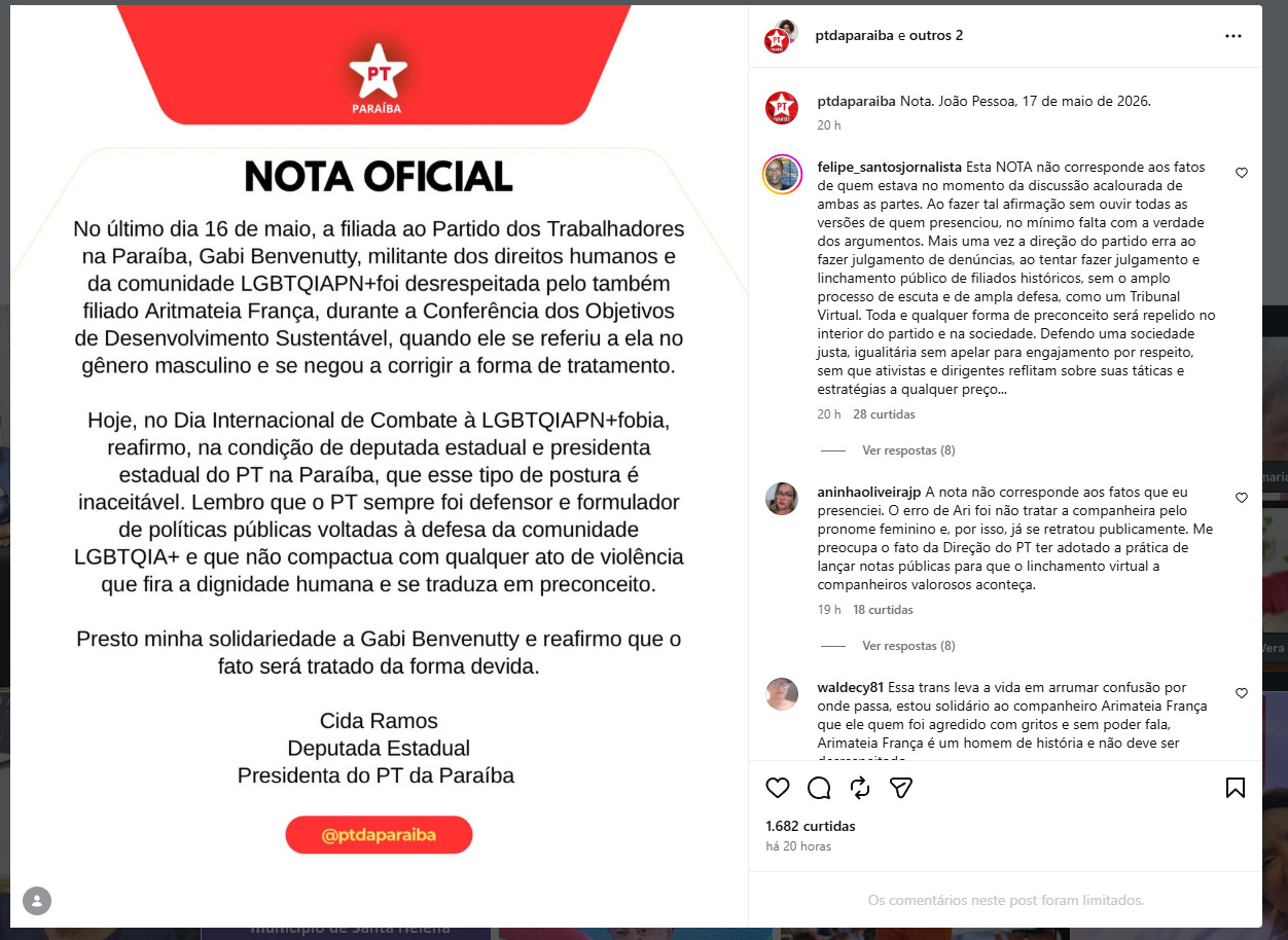 Após a repercussão negativa, a deputada estadual Cida Ramos, presidente do PT da Paraíba, assinou uma nota oficial condenando a atitude considerada discriminatória contra a militante e lamentando que o episódio tenha partido justamente de um integrante da legenda que, em tese, deveria agir com acolhimento e respeito às diferenças.