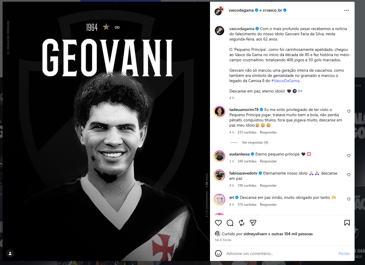 Após a confirmação da morte, o Vasco divulgou uma nota oficial lamentando a perda do ex-jogador.