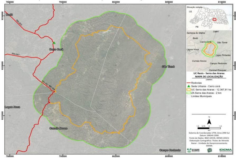 Mapa mostra a localização do REVIS Serra das Araras, no Seridó potiguar 