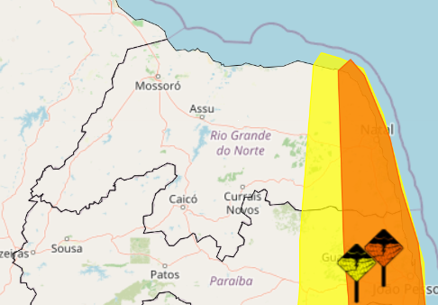 Mapa para esta terça-feira (2) mostra a faixa litorânea do RN em alerta laranja (perigo), enquanto o interior permanece sob alerta amarelo. Foto: Reprodução/Inmet 