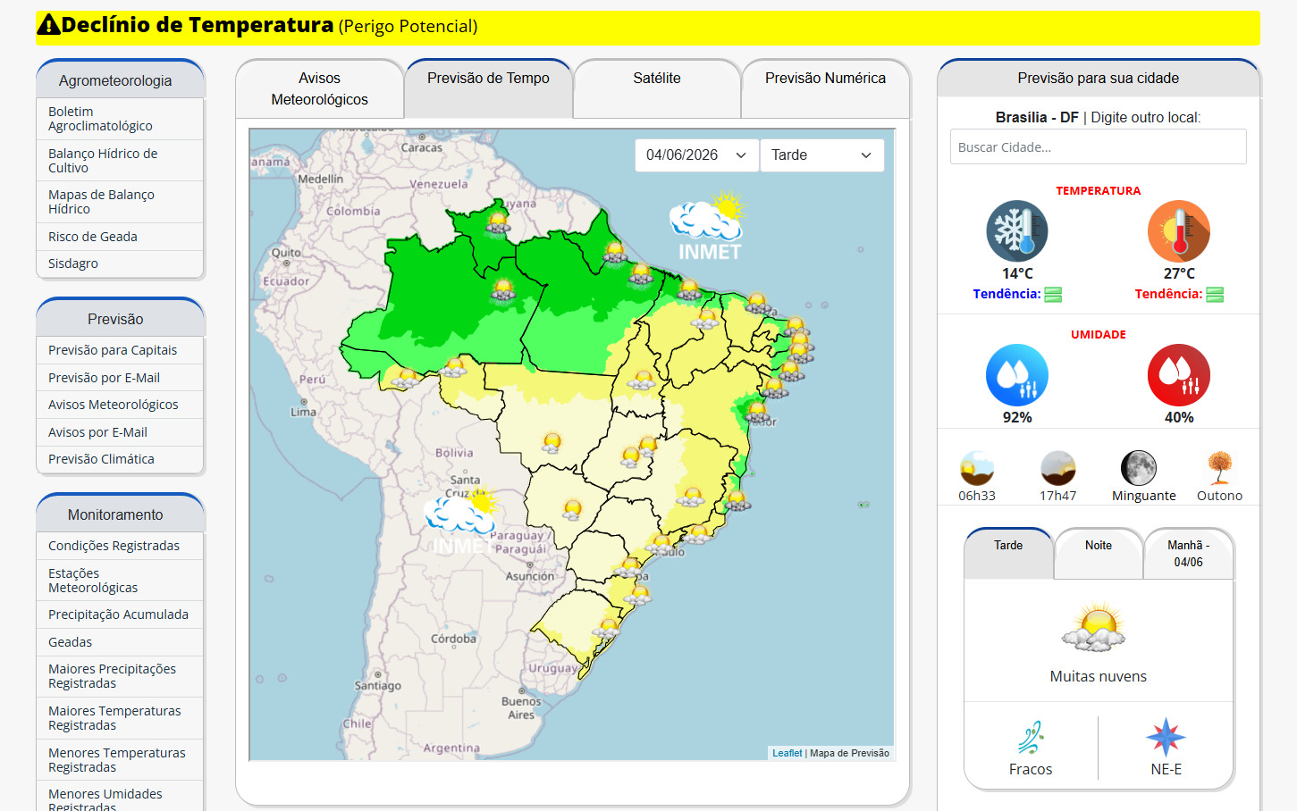 A previsão do Instituto Nacional de Meteorologia (Inmet) indica ocorrência de chuva em diferentes períodos desta quinta-feira (4), além de um alerta de chuvas intensas que abrange todo o Rio Grande do Norte.