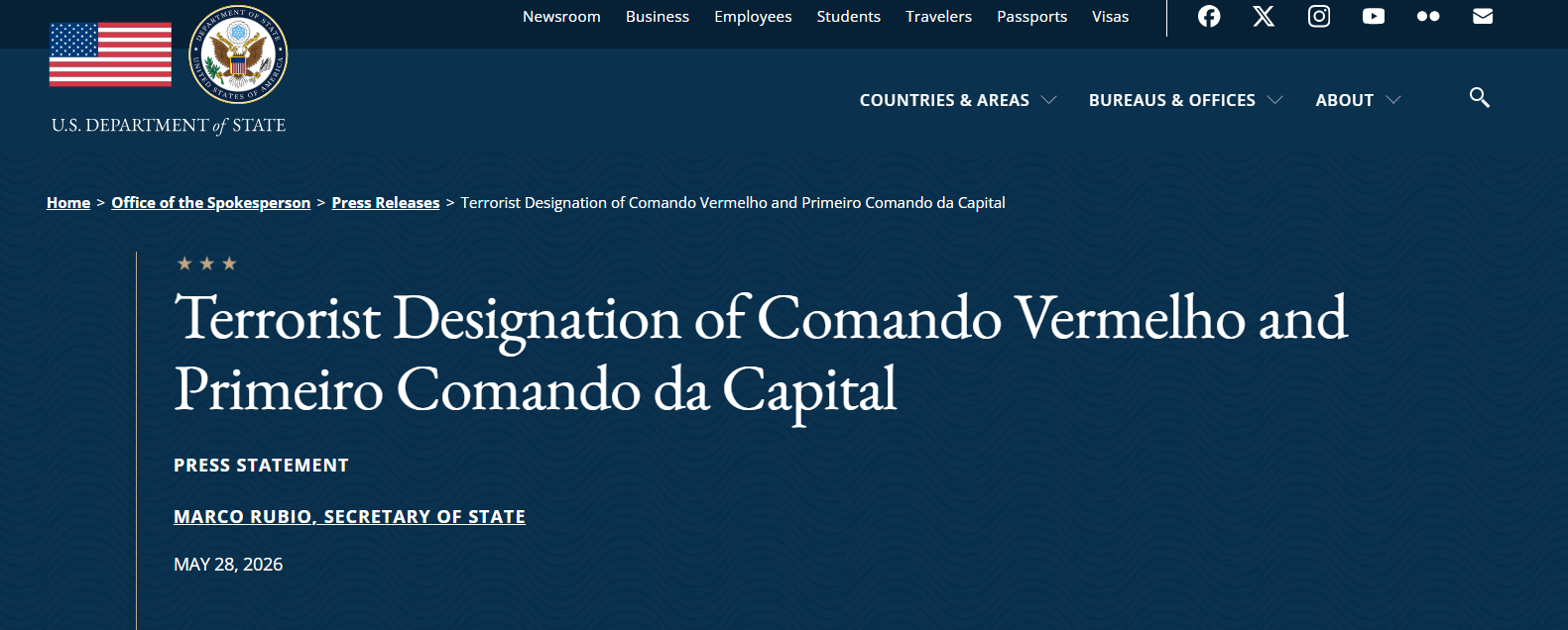  Documento divulgado por Washington detalha a designação do PCC e do CV como organizações terroristas. Foto: Gabinete de Imprensa dos EUA