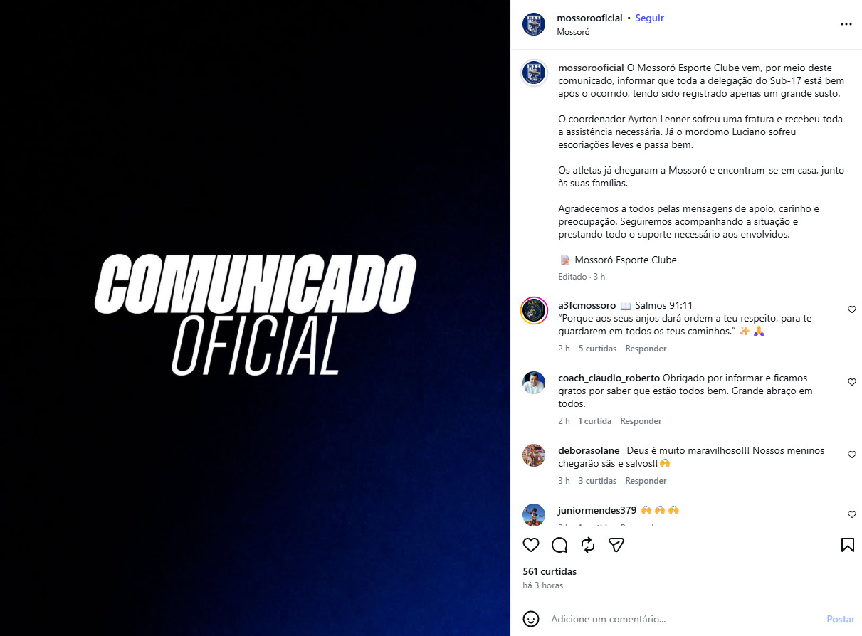 Mossoró Esporte Clube divulgou uma nota oficial informando que todos os atletas estavam bem e classificando o episódio como um grande susto para a delegação.