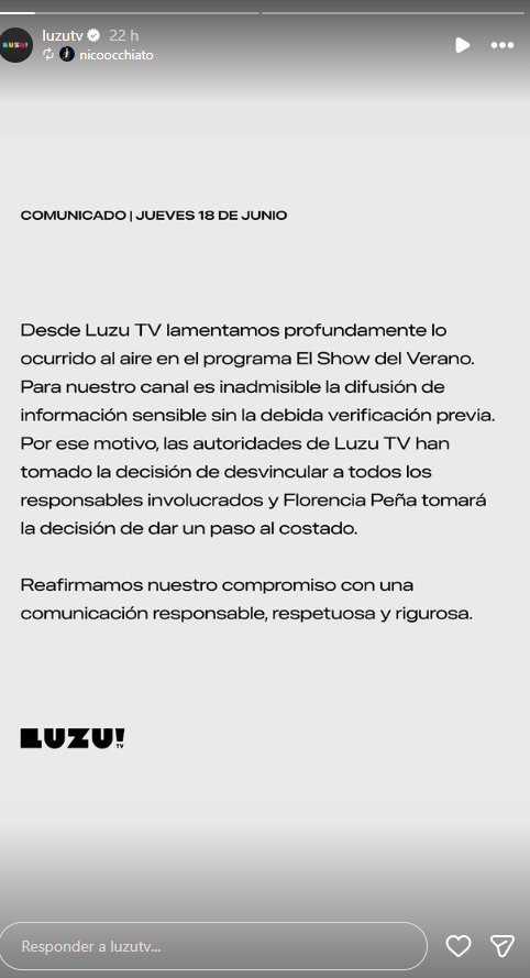 Pronunciamento da emissora após o ocorrido. Foto: Reprodução/Instagram