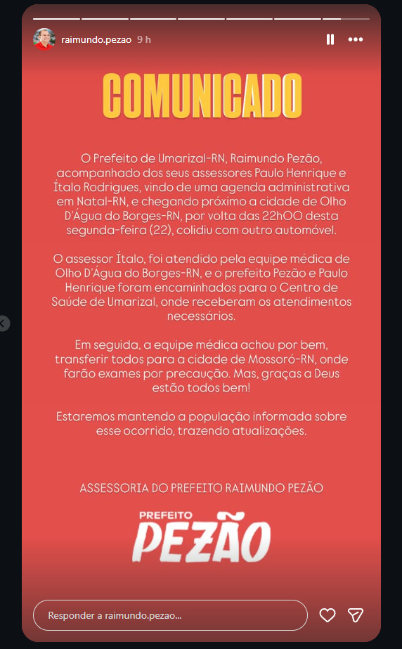 A assessoria do prefeito Raimundo Pezão publicou nas redes sociais uma nota oficial sobre o grave acidente.