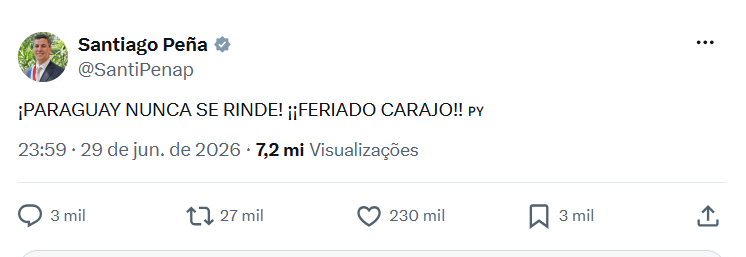 Em sua conta no X (antigo Twitter), o presidente Santiago Peña celebra a classificação e decreta feriado nacional no Paraguai. Foto: Reprodução/X